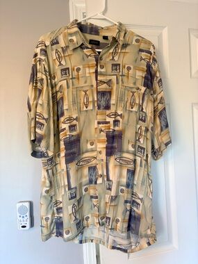Izod Rayon Button-Up Shirt in Tan, Navy, and Cream Abstract Print